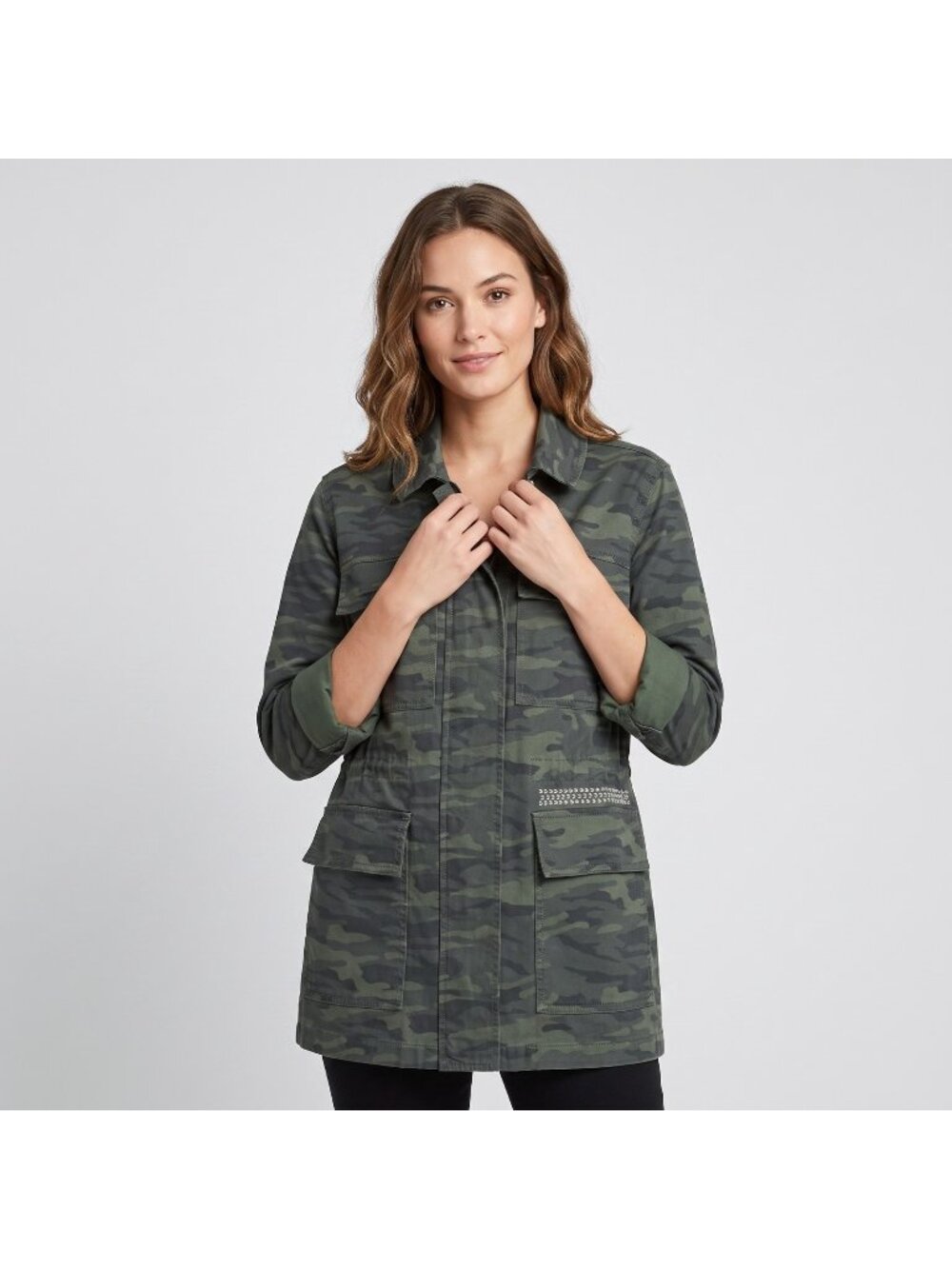 Caslon Women's Metallic Stretch Utility Jacket in Olive British Camo and size M